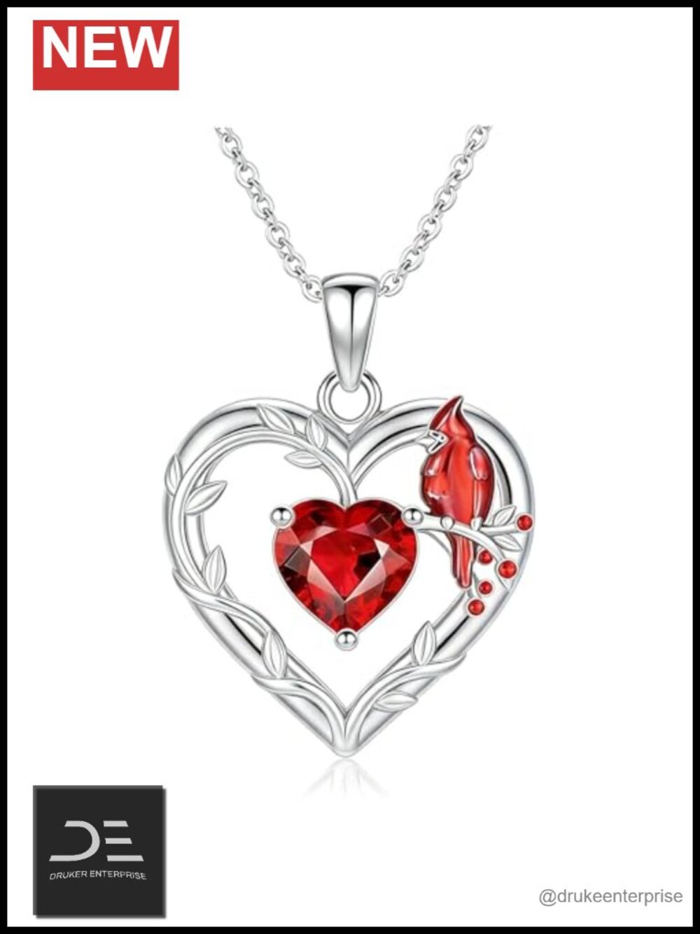 Sterling Silver Red Cardinal Necklace Natural Garnet Heart Pendant